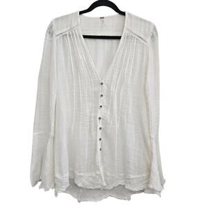 Free People Boho Fringe Hem V-Neck Blouse Sz S Flared Sleeve Ivory Peasant Goth